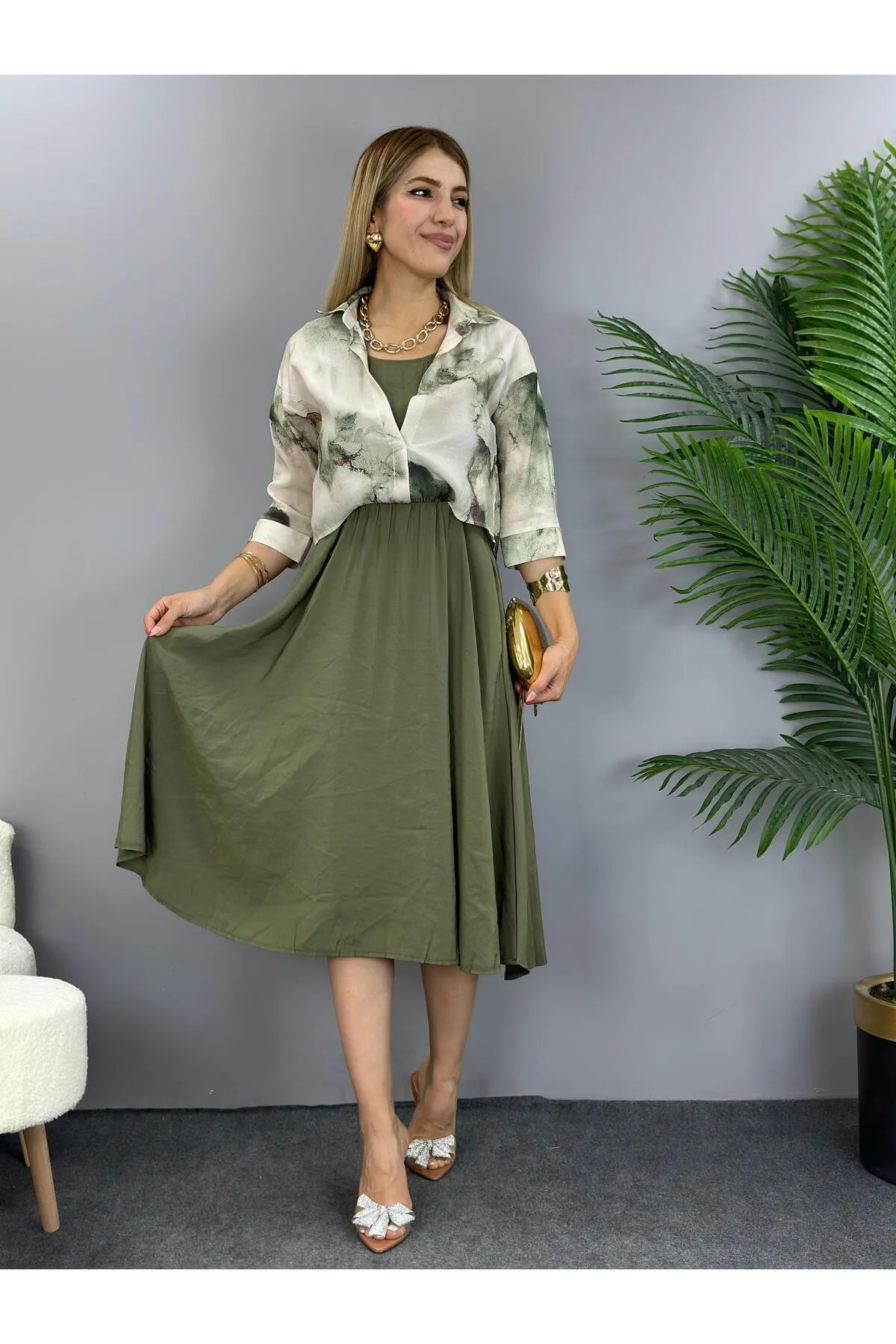 Dark green Midi Length Shirt Dress - Lebbse