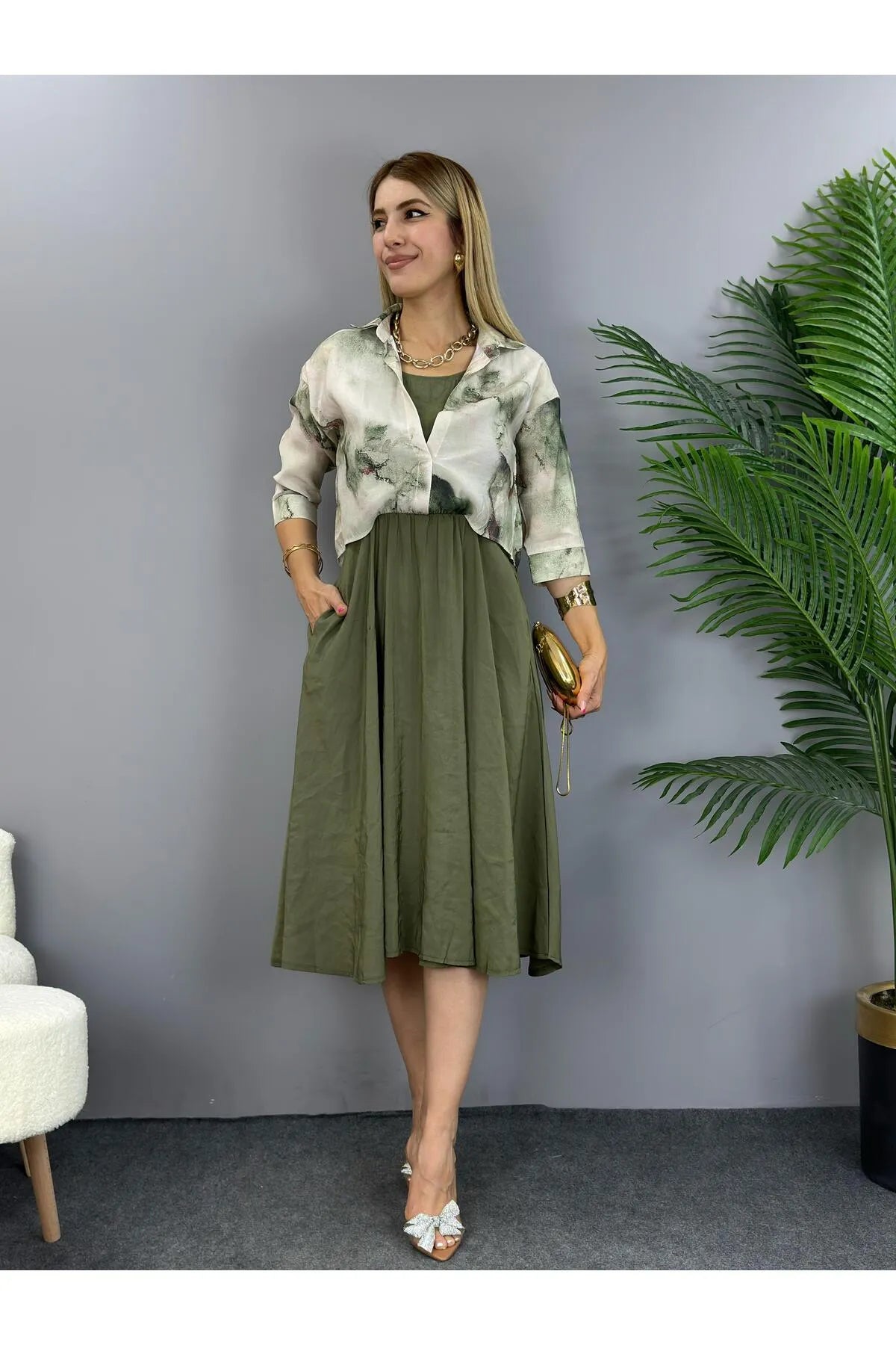 Dark green Midi Length Shirt Dress - Lebbse