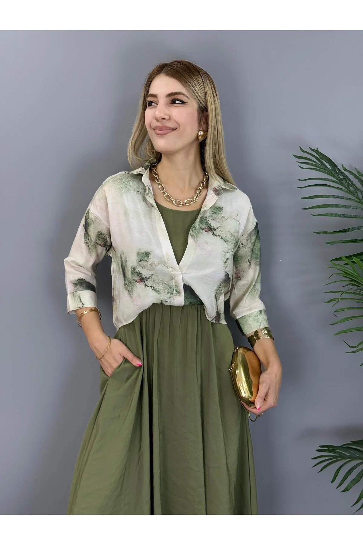 Dark green Midi Length Shirt Dress - Lebbse