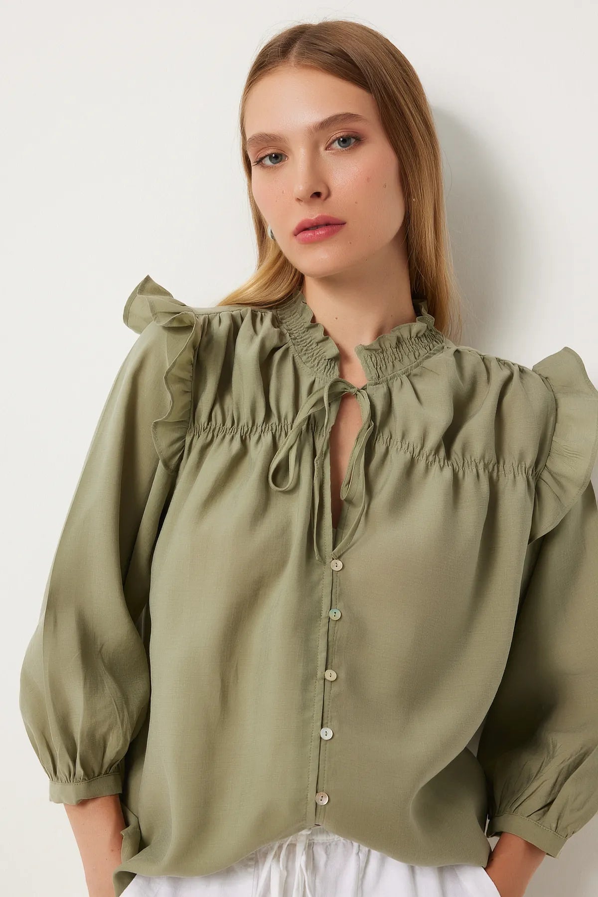 Dark green Ruffle Detailed Tied Linen Blend Blouse - Lebbse