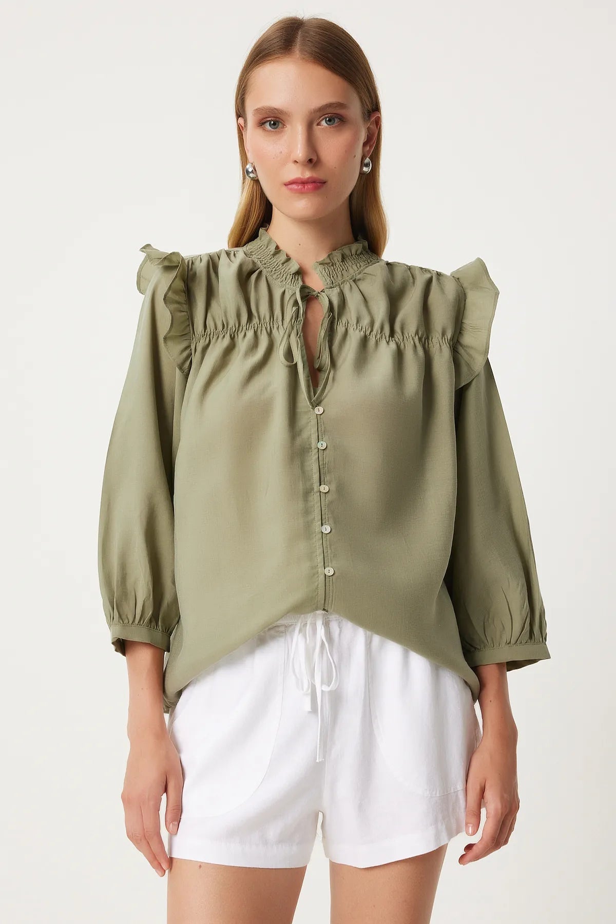 Dark green Ruffle Detailed Tied Linen Blend Blouse - Lebbse