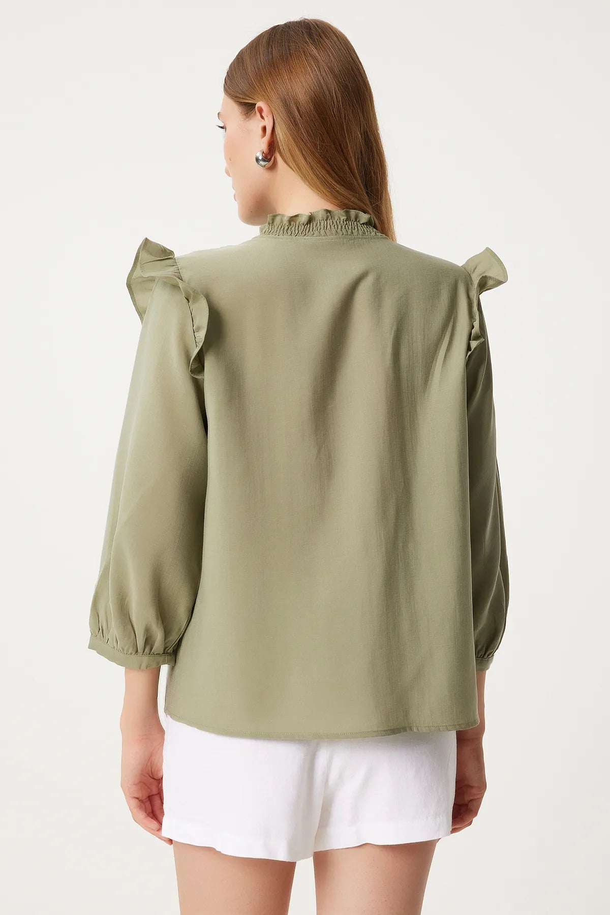 Dark green Ruffle Detailed Tied Linen Blend Blouse - Lebbse