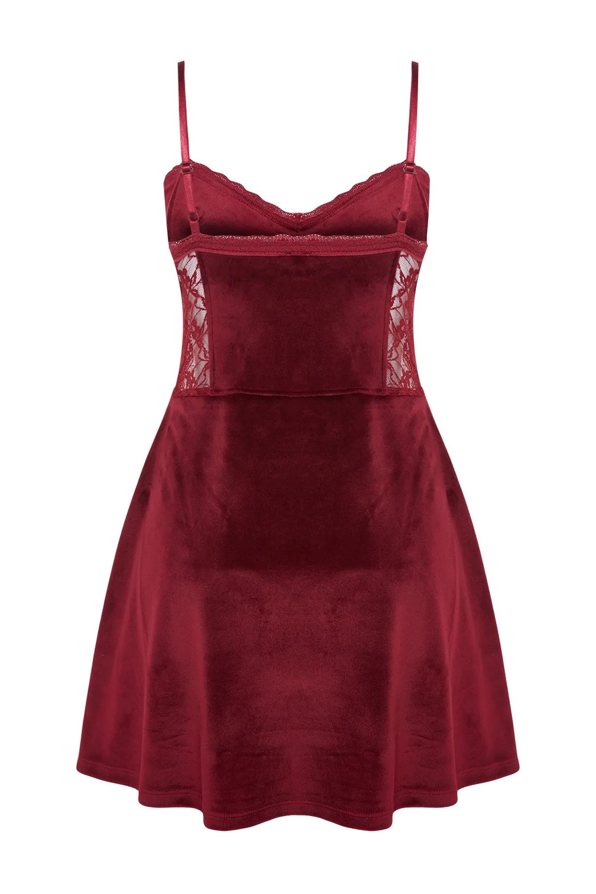 DARK RED Soft Feel Lace Rope Strap Velvet Knitted Nightgown - Lebbse