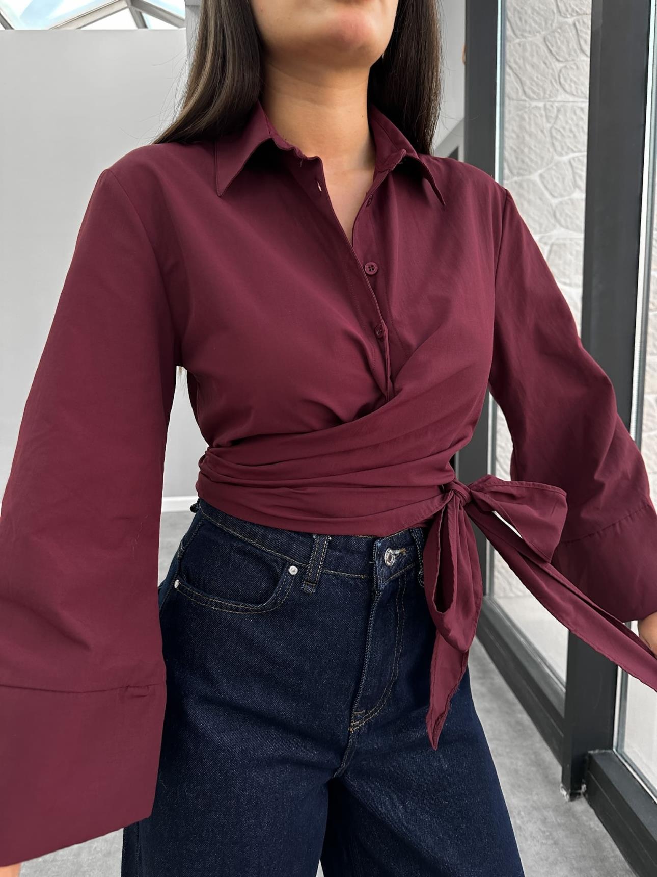 3- قميص نسائي خمري بتفاصيل ربط من الخصر - Dark Red Tie Detail Shirt