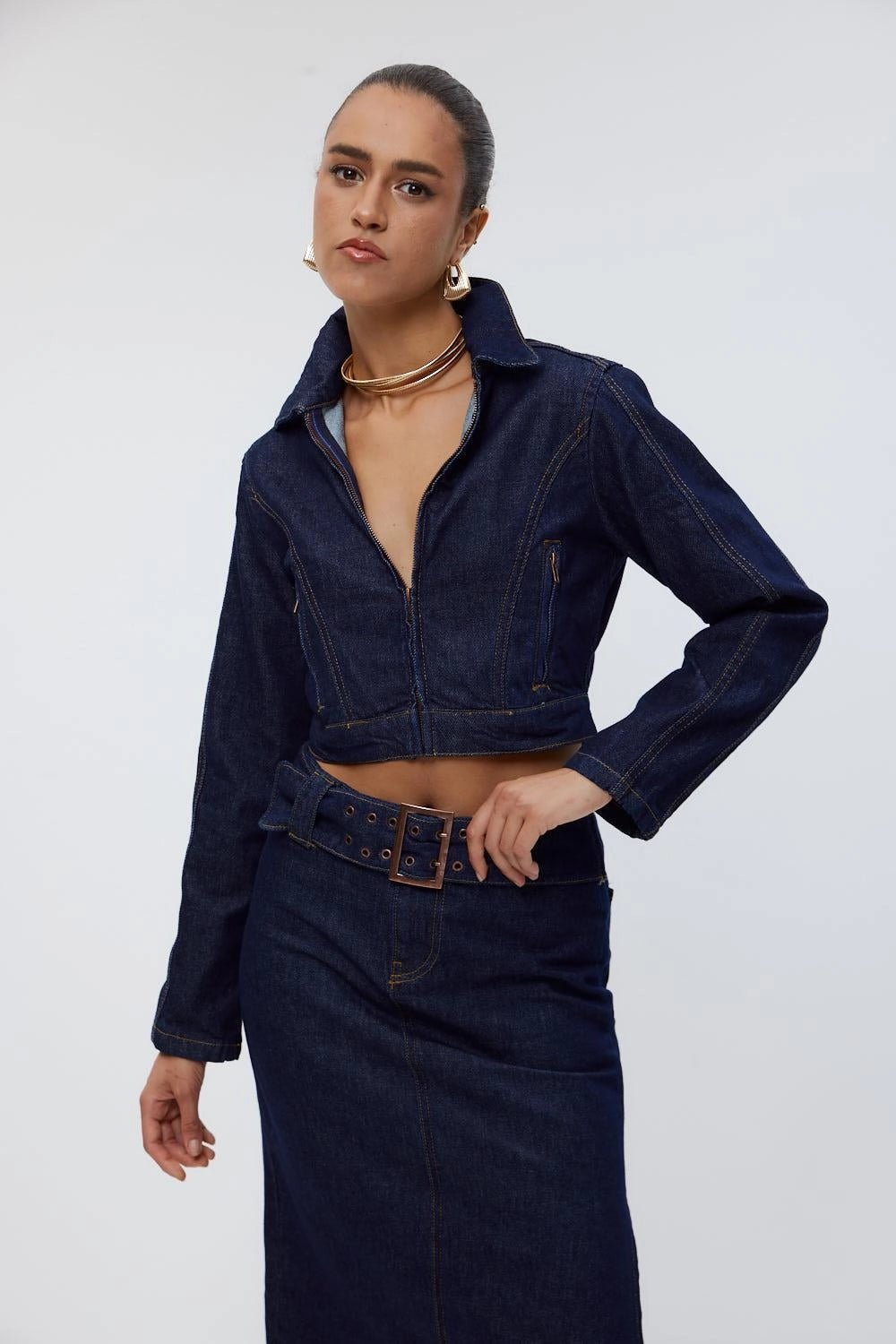 Denim Jacket Skirt Dark Navy Blue Women's Suit - Lebbse