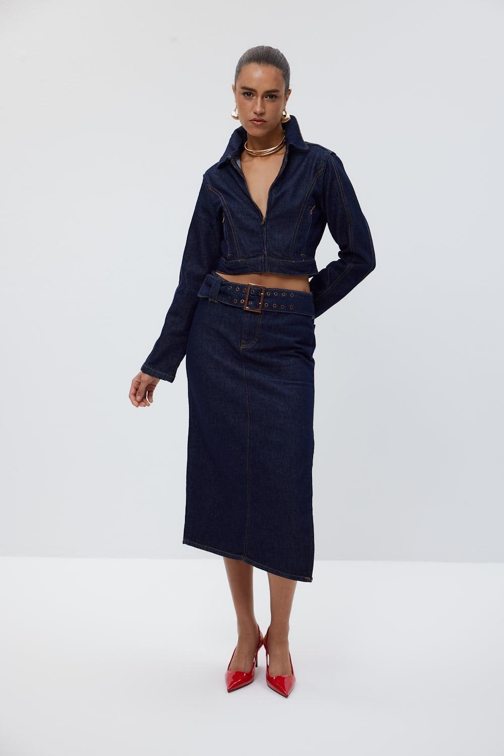 Denim Jacket Skirt Dark Navy Blue Women's Suit - Lebbse