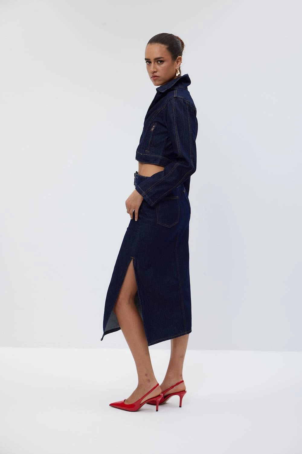 Denim Jacket Skirt Dark Navy Blue Women's Suit - Lebbse