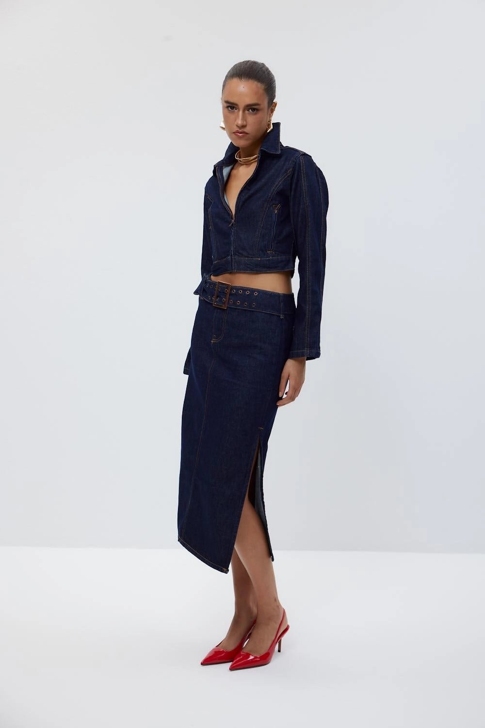 Denim Jacket Skirt Dark Navy Blue Women's Suit - Lebbse