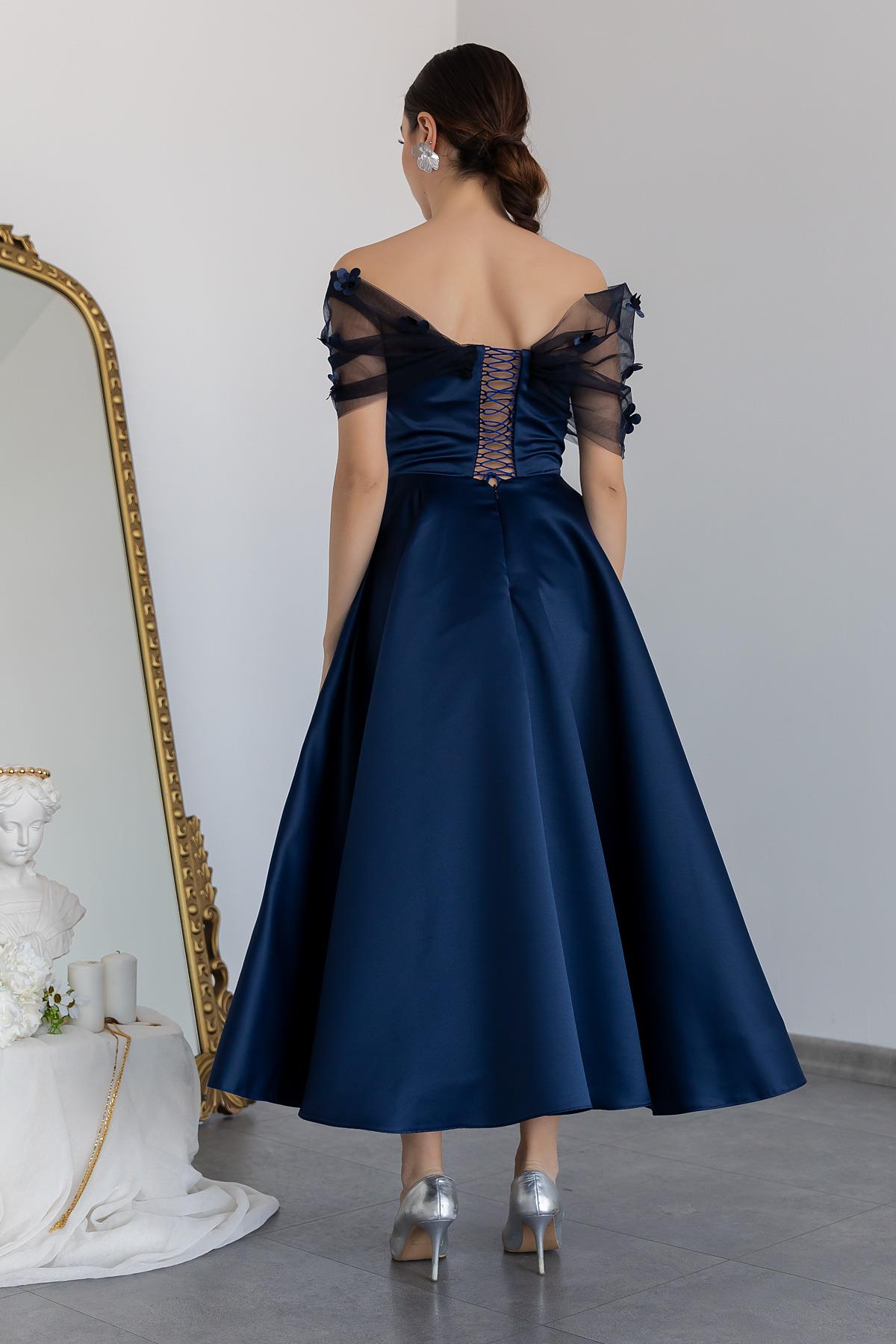 Design Satin Evening Dress - NAVY BLUE - Lebbse