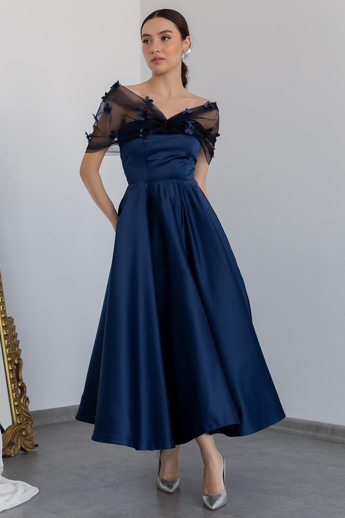 Design Satin Evening Dress - NAVY BLUE - Lebbse