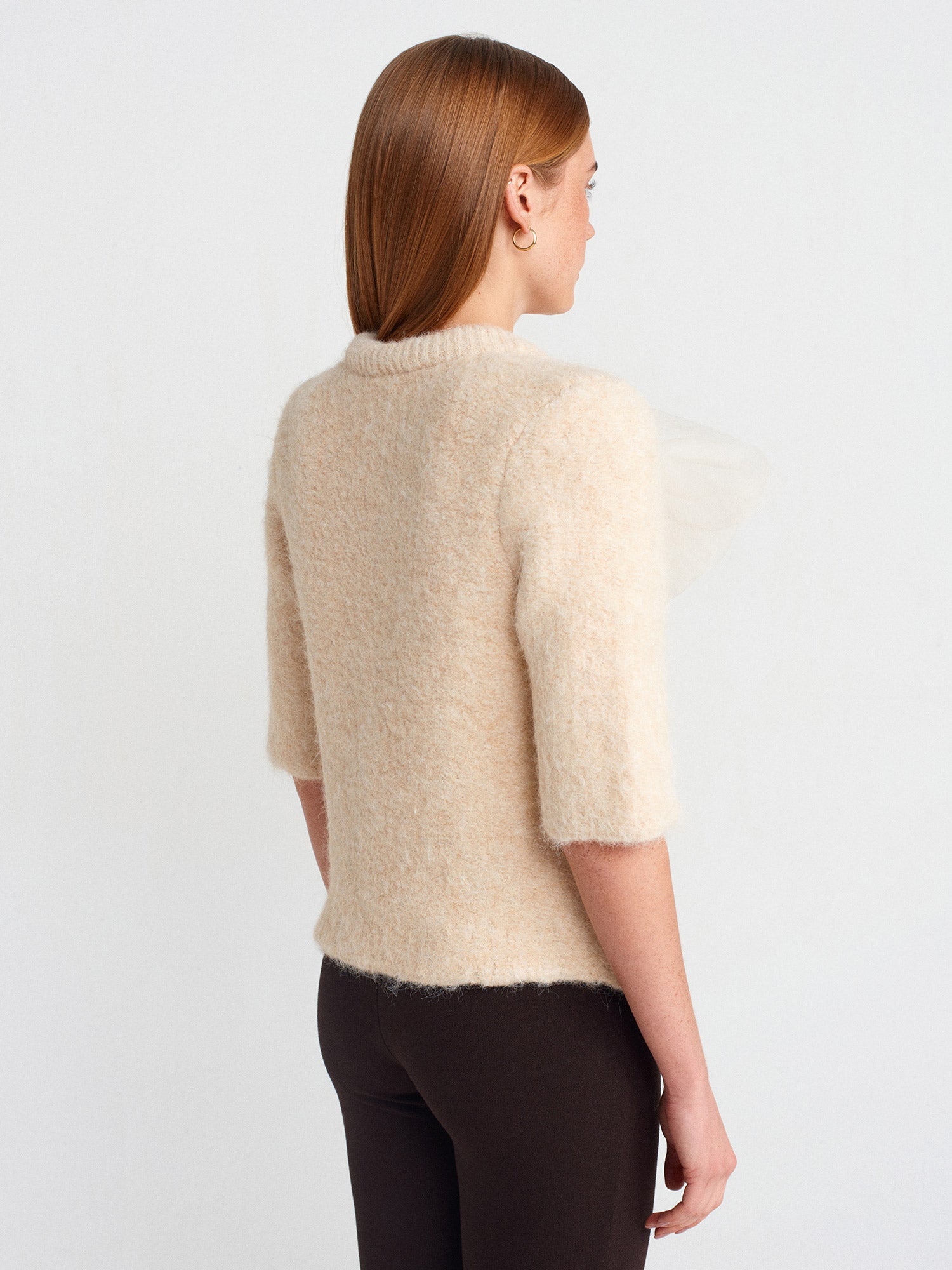 Crew Neck Fabric Tied Buttoned Knitted Cardigan-Beige