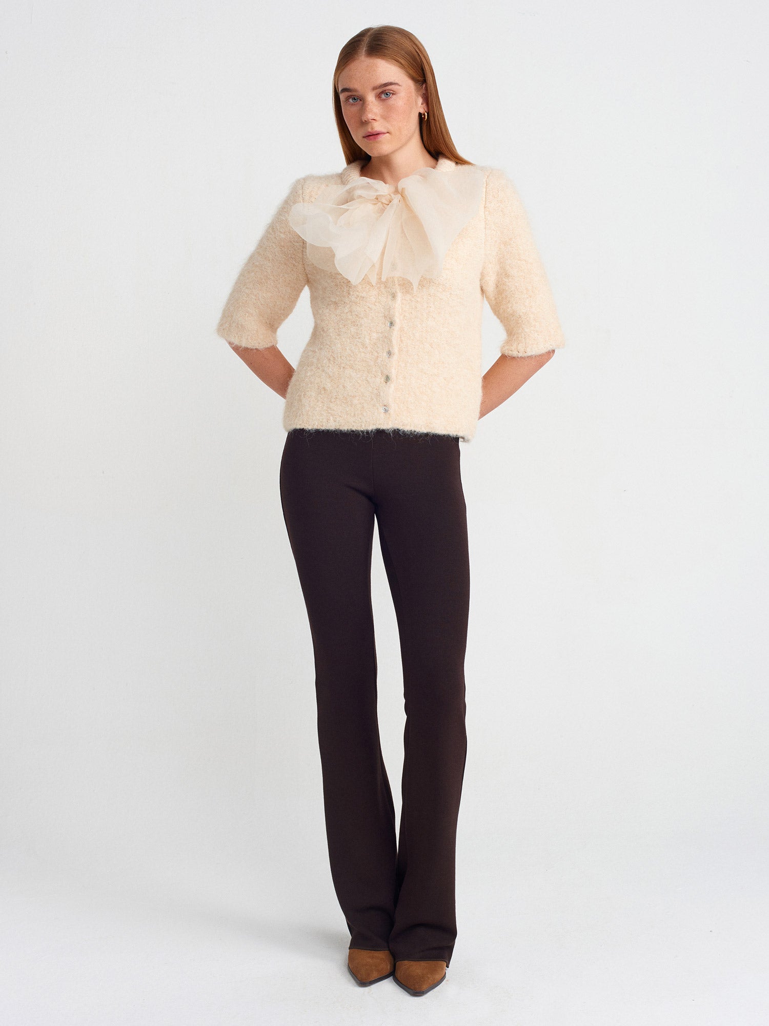 Crew Neck Fabric Tied Buttoned Knitted Cardigan-Beige