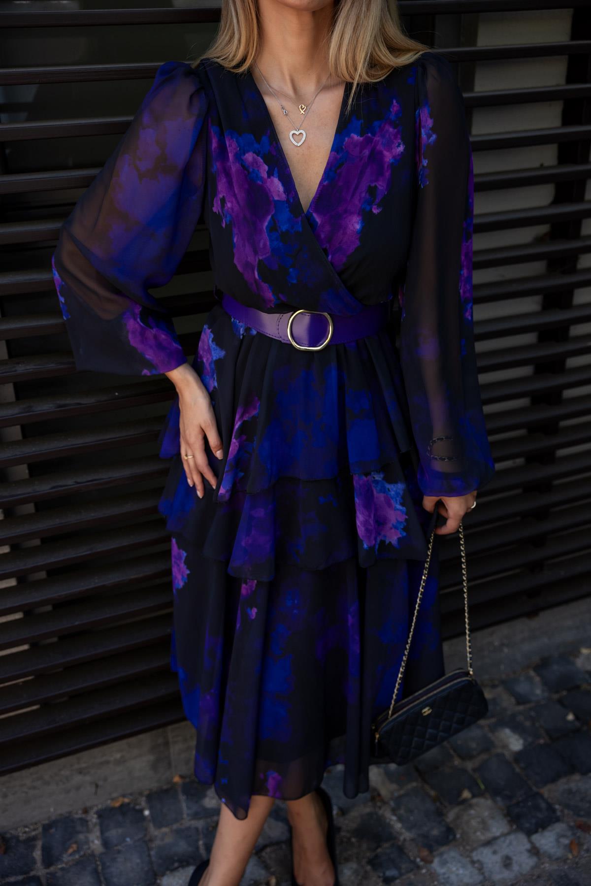 Double Breasted Collar Layered Dress - PURPLE - Lebbse