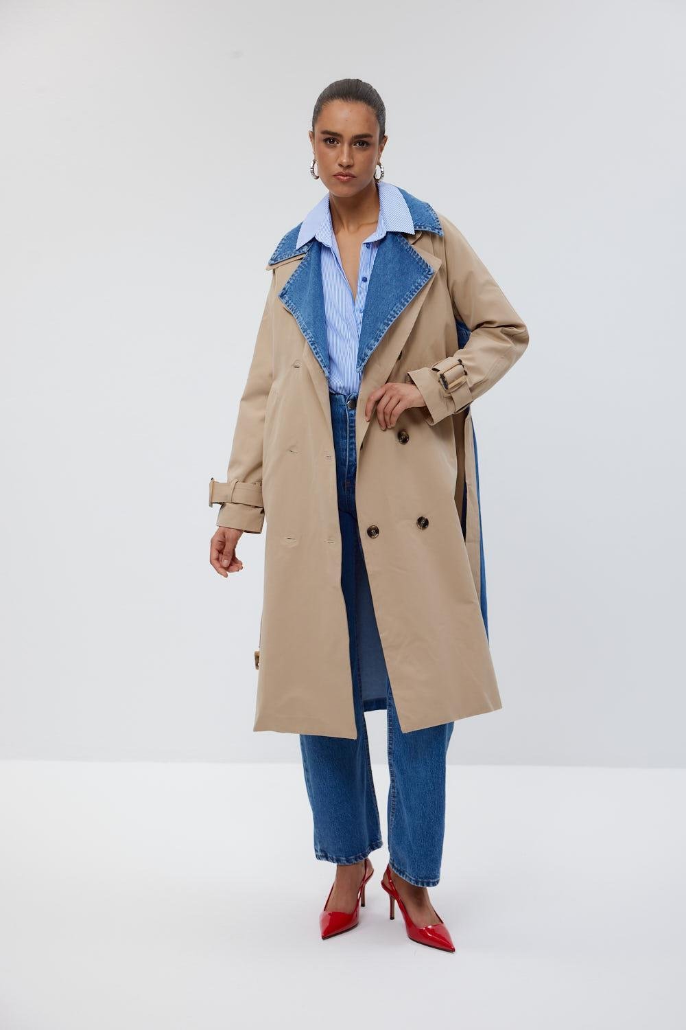 Double Breasted Denim Detailed Beige Women's Trench Coat - Lebbse