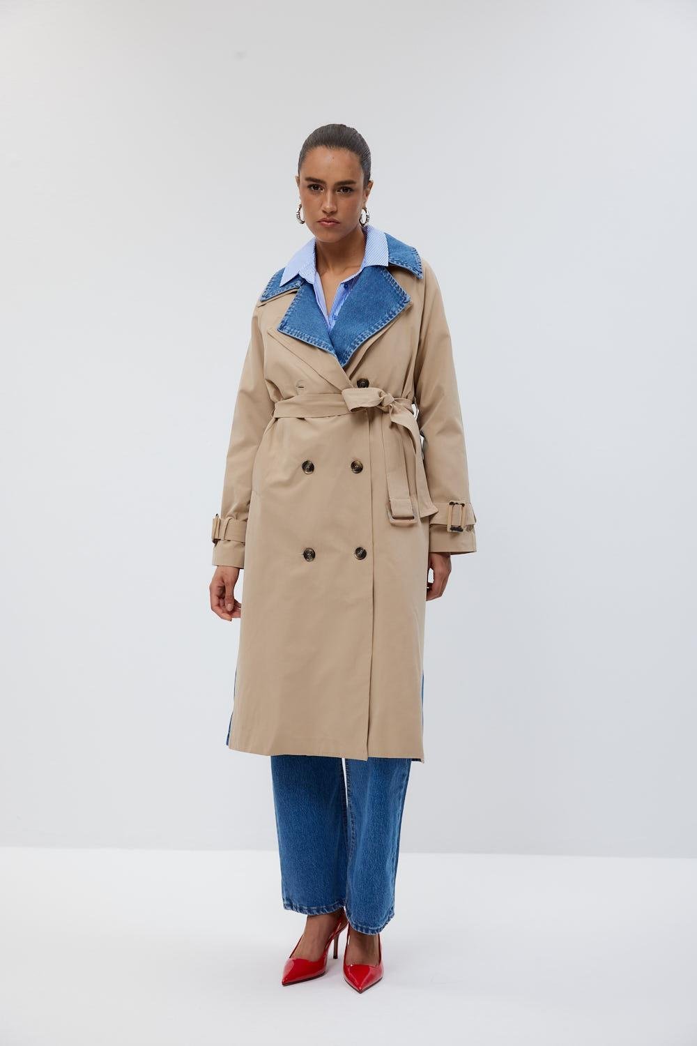 Double Breasted Denim Detailed Beige Women's Trench Coat - Lebbse