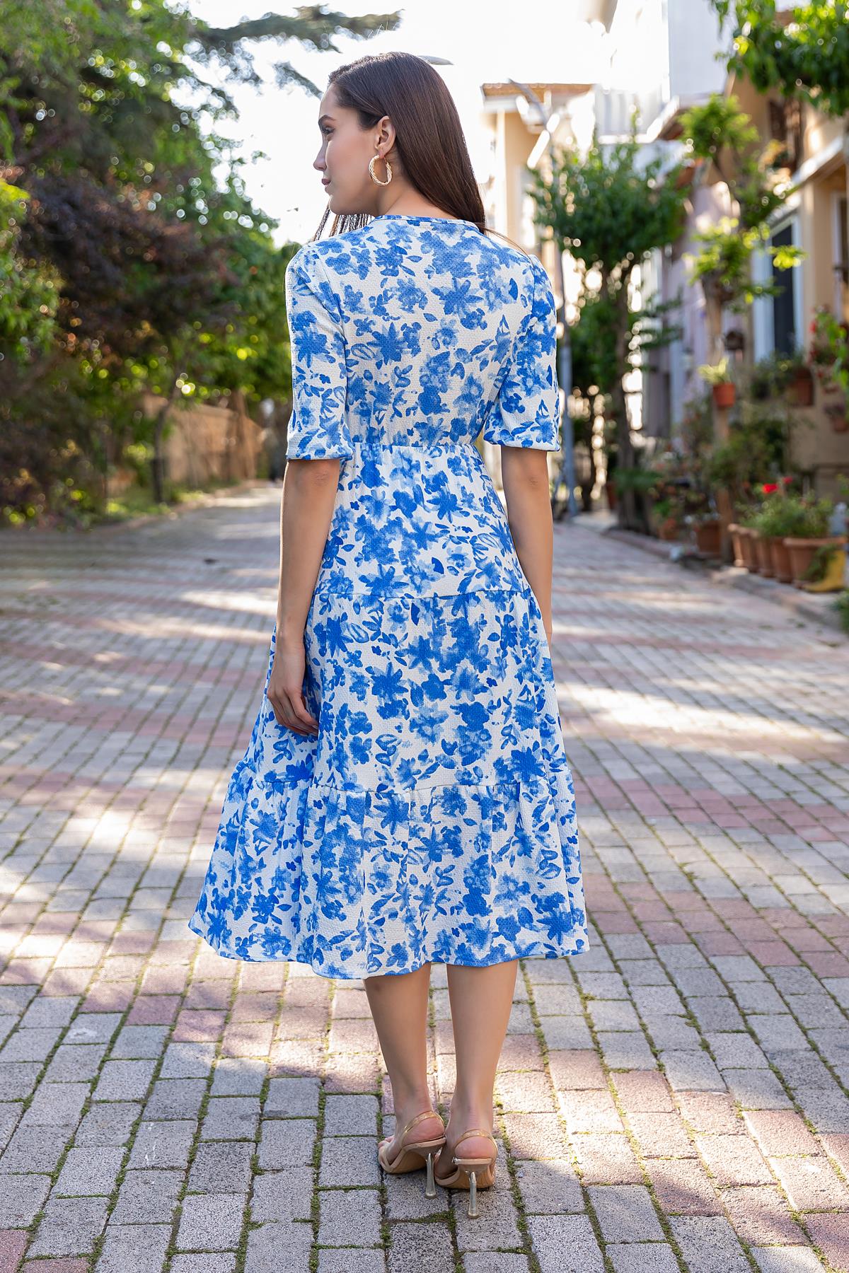 Double Breasted Patterned Midi Dress - BLUE - Lebbse