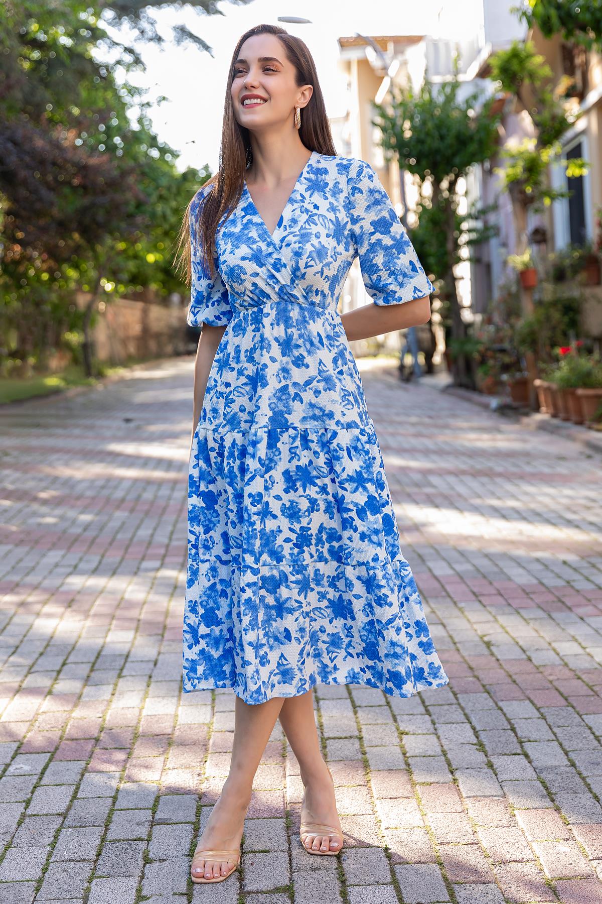 Double Breasted Patterned Midi Dress - BLUE - Lebbse