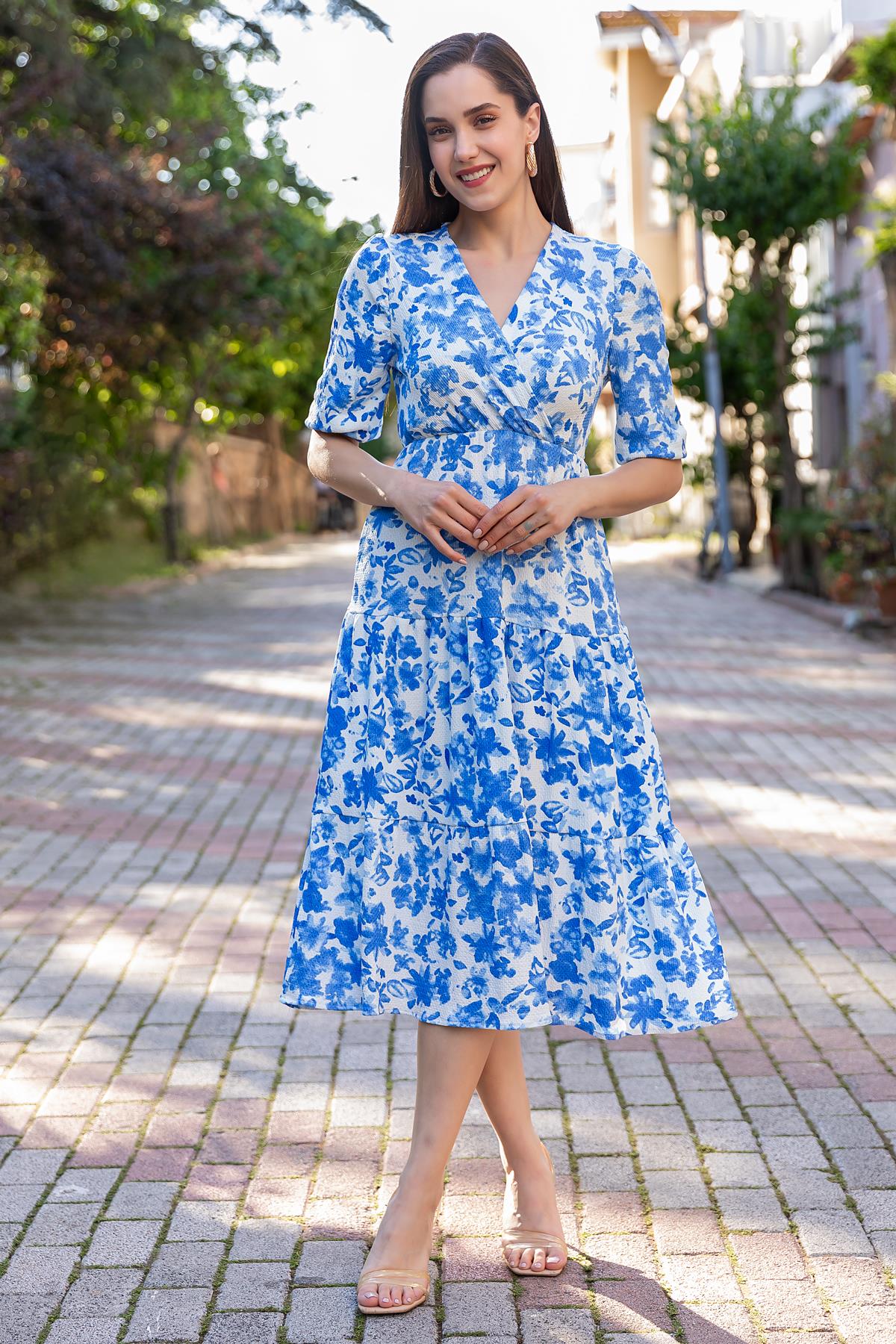 Double Breasted Patterned Midi Dress - BLUE - Lebbse