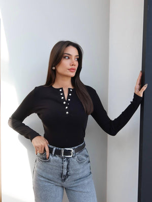 Ribbed Pattern Snap Button Blouse