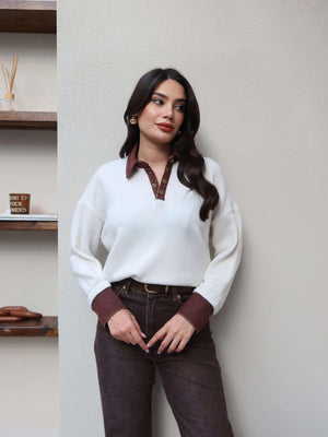 Snap Button Denim Detail Knit Sweater