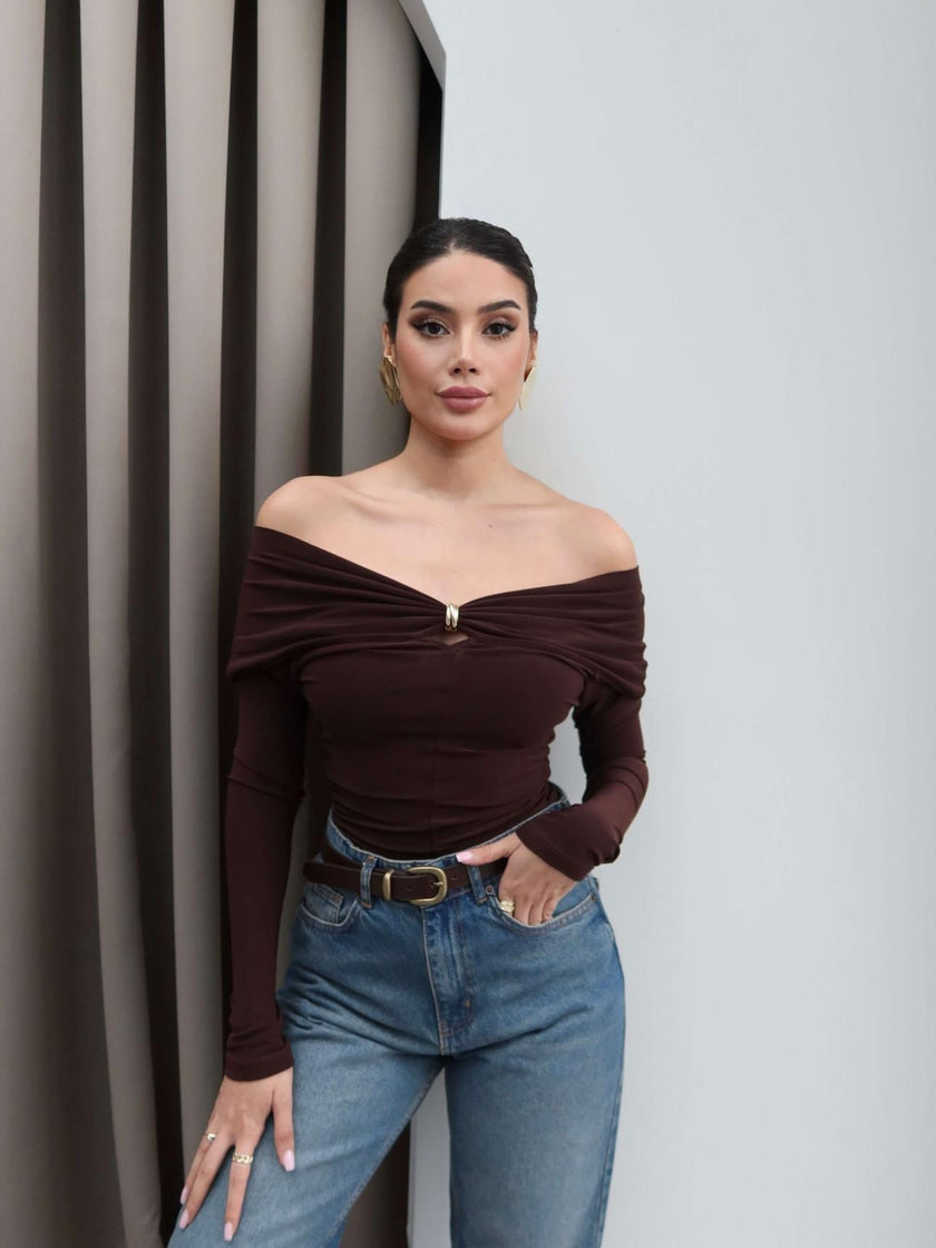 Off Shoulder Blouse with Brooch Collar