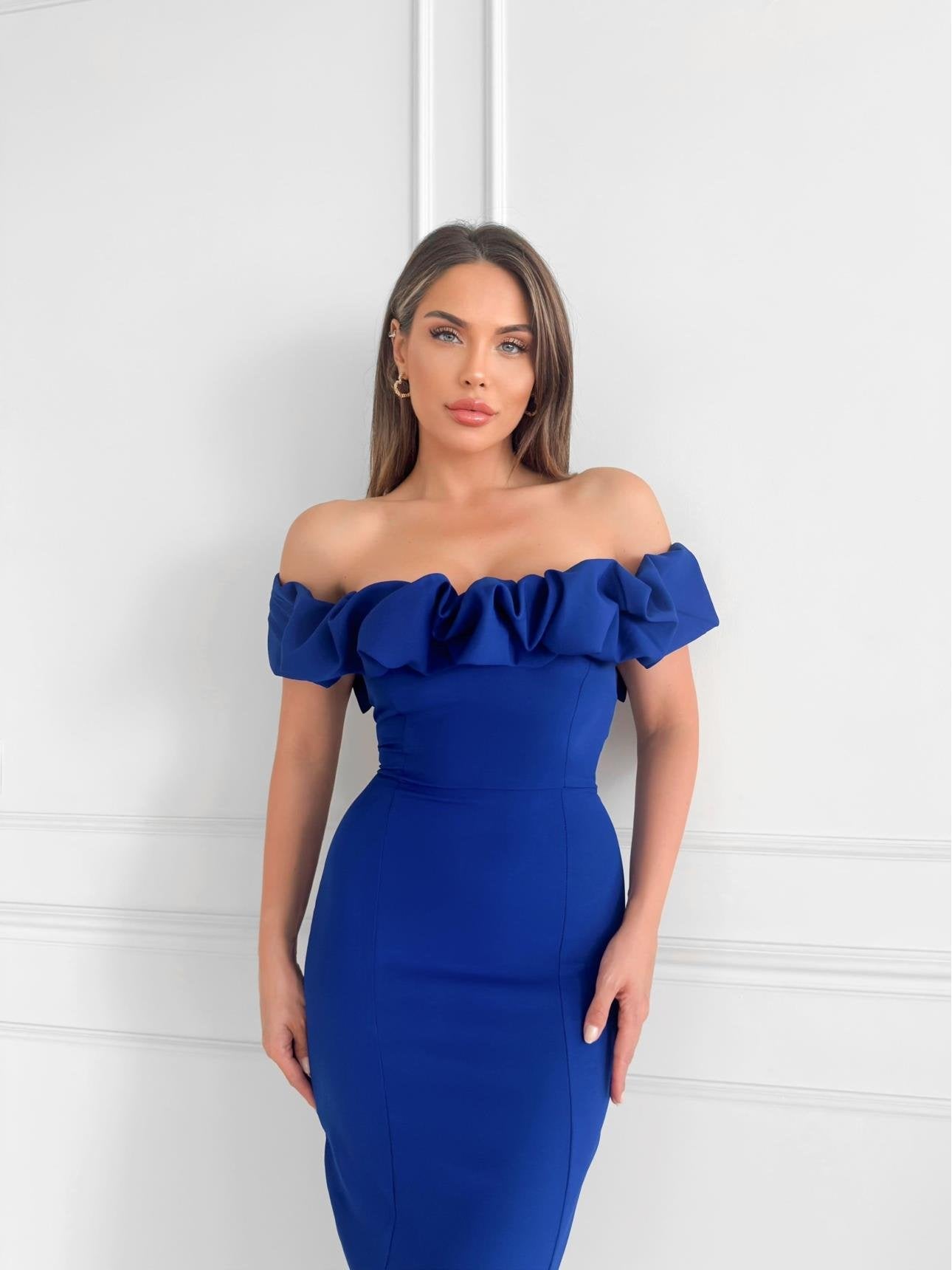 DARK BLUE NECK FRILLY FITTED DRESS