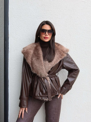 Fur Collar Belted Leather Jacket