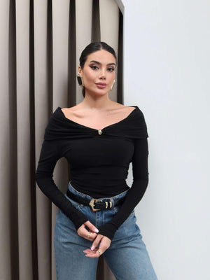 Off Shoulder Blouse with Brooch Collar