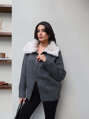 Fur Collar Zippered Knit Cardigan