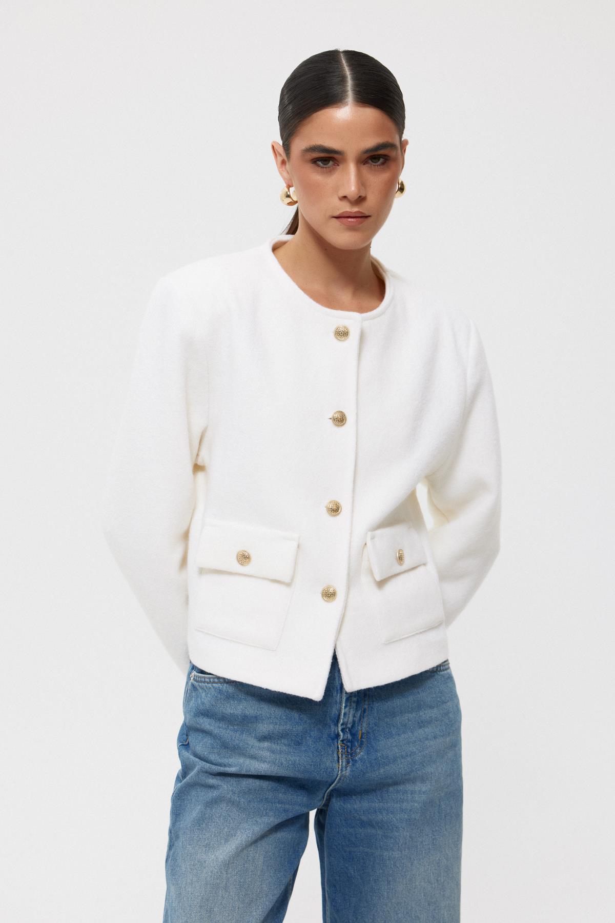 Ecru Gold Button Detailed Knitted Felt Jacket - Lebbse