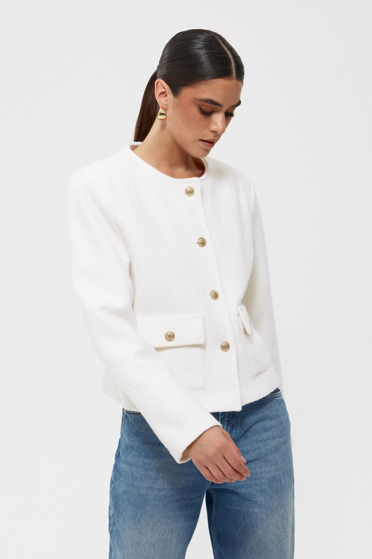 Ecru Gold Button Detailed Knitted Felt Jacket - Lebbse