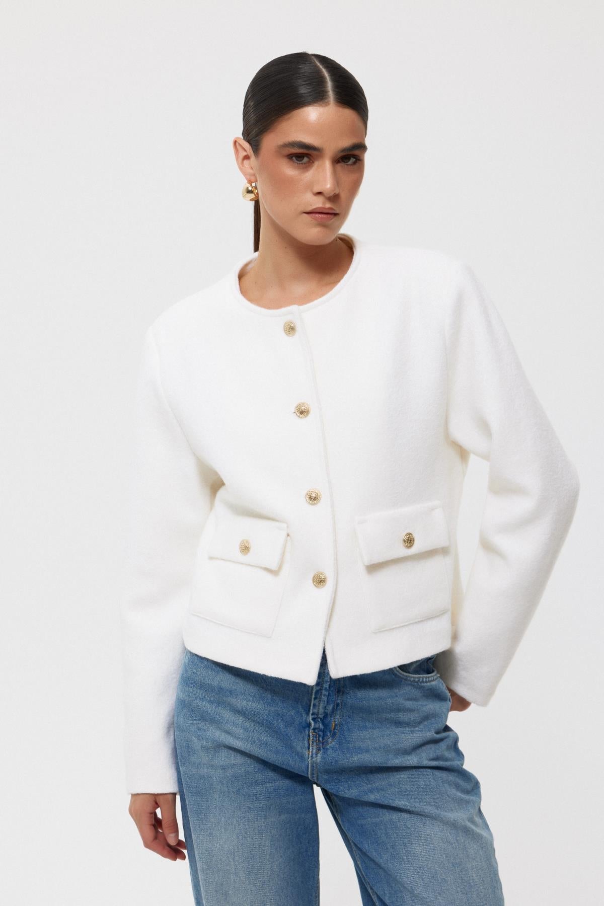 Ecru Gold Button Detailed Knitted Felt Jacket - Lebbse