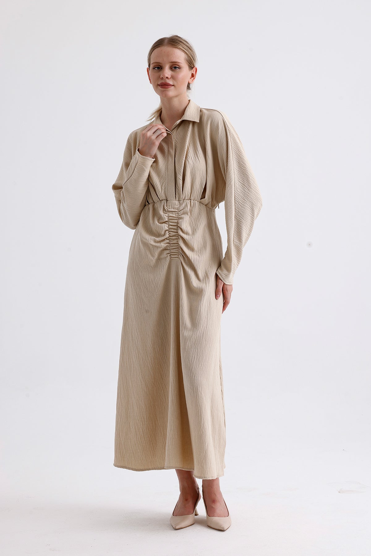 Elastic Waist Long Dress Beige - Lebbse