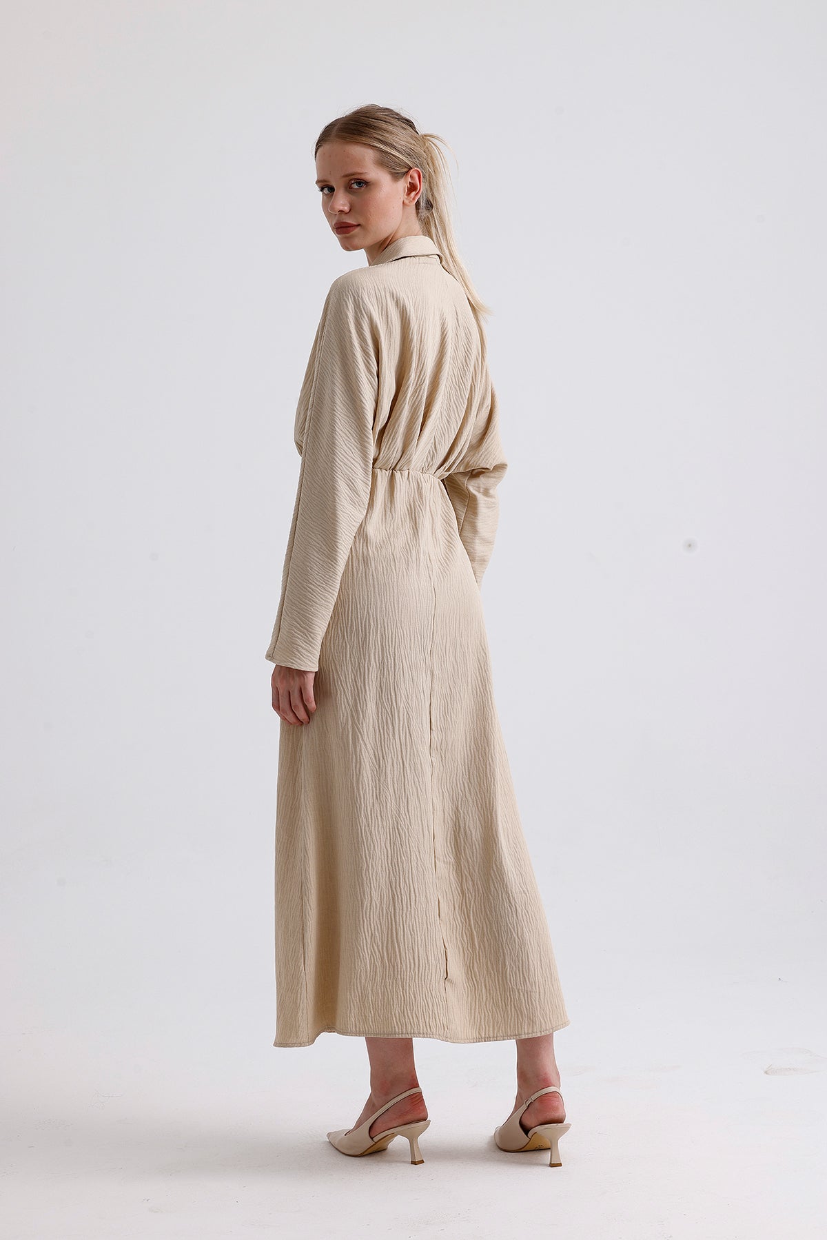 Elastic Waist Long Dress Beige - Lebbse