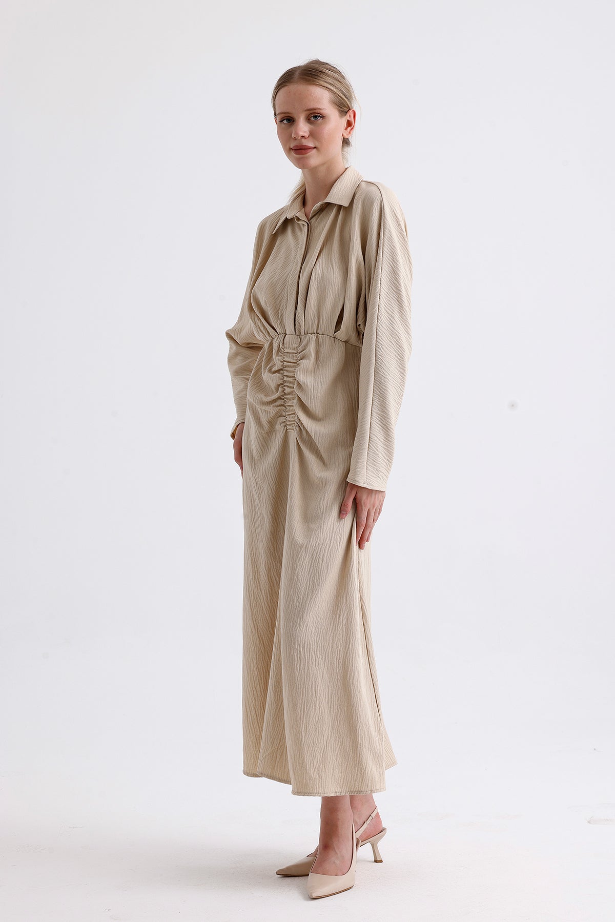 Elastic Waist Long Dress Beige - Lebbse