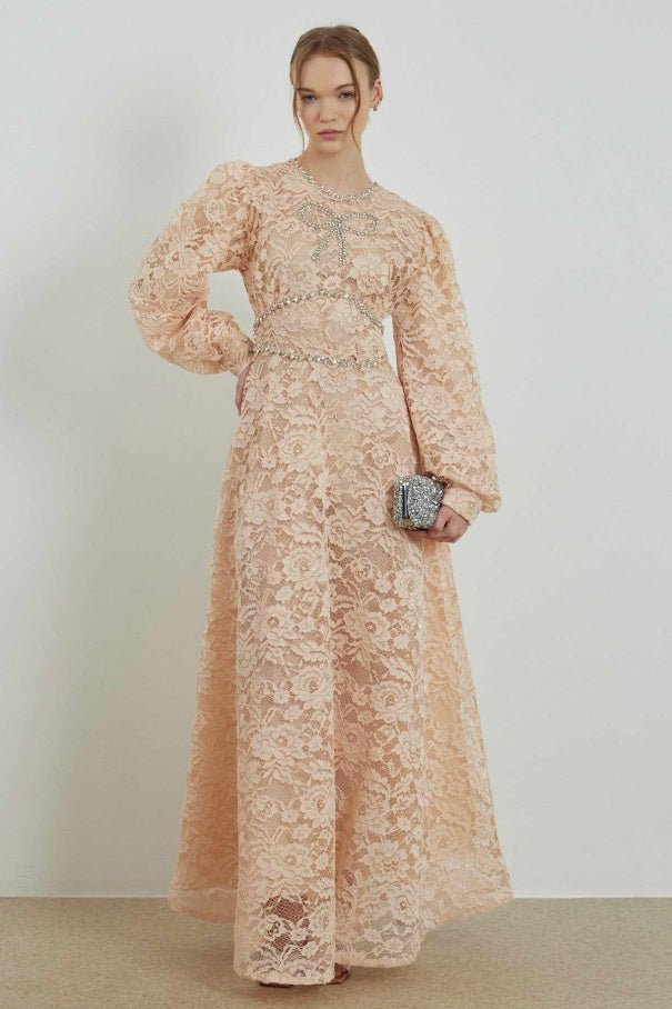 Elisabeth Stone Embroidered Lace Beige Dress - Lebbse