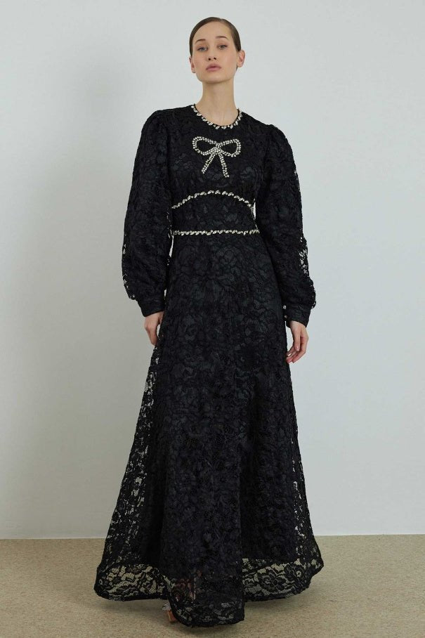 Elisabeth Stone Embroidered Lace Black Dress - Lebbse