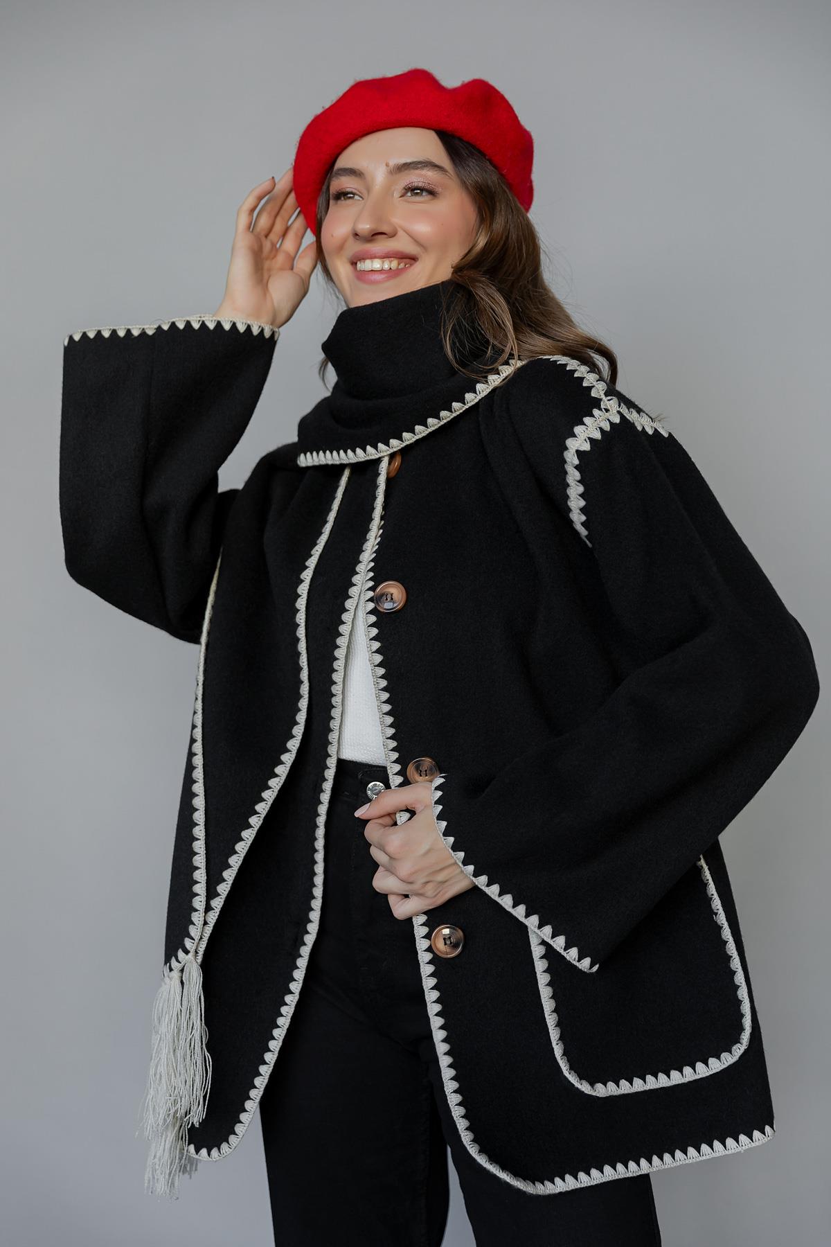 Embroidered Cashmere Jacket - BLACK - Lebbse