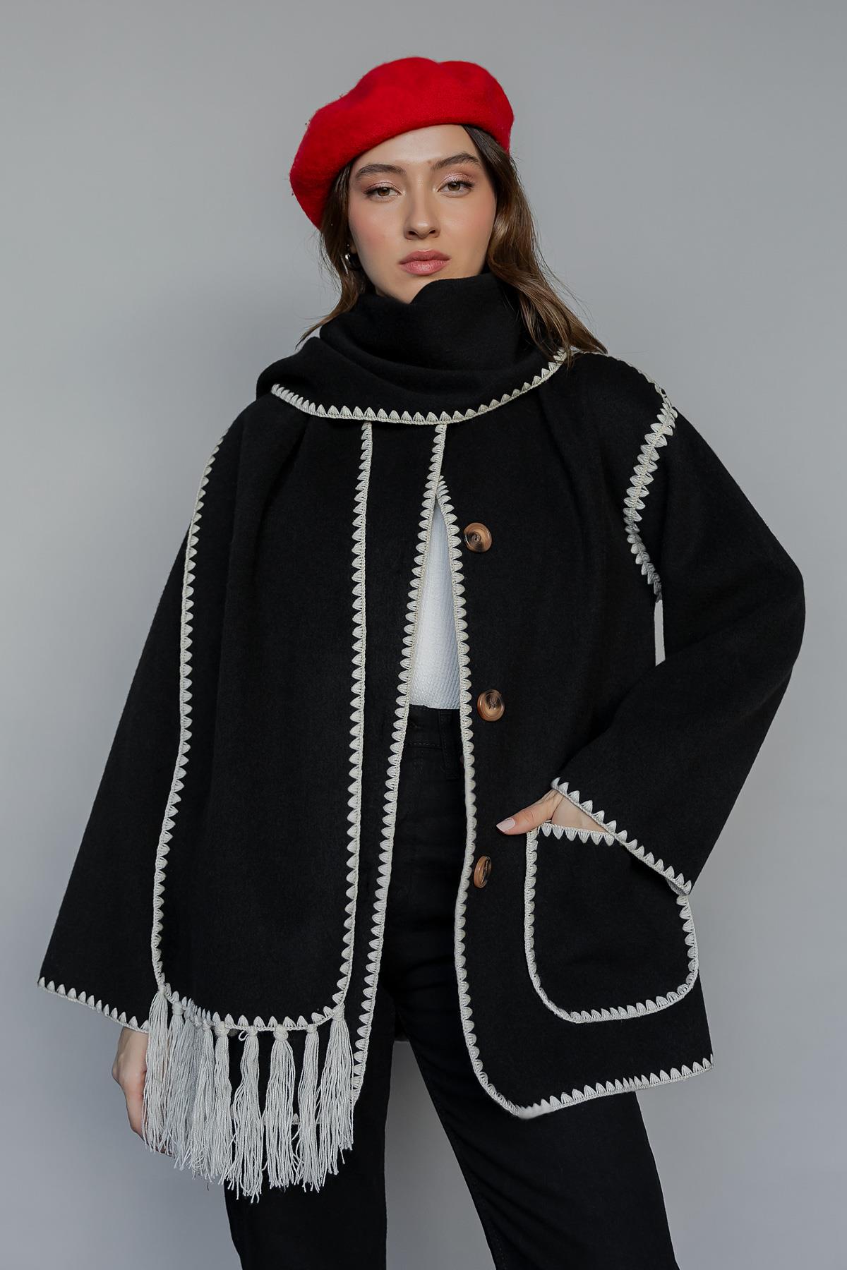 Embroidered Cashmere Jacket - BLACK - Lebbse