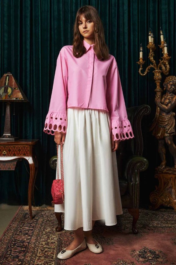 5- قميص نسائي ذو اكمام مطرزة باللون الوردي - EMBROIDERED DETAILED SHIRT - PINK