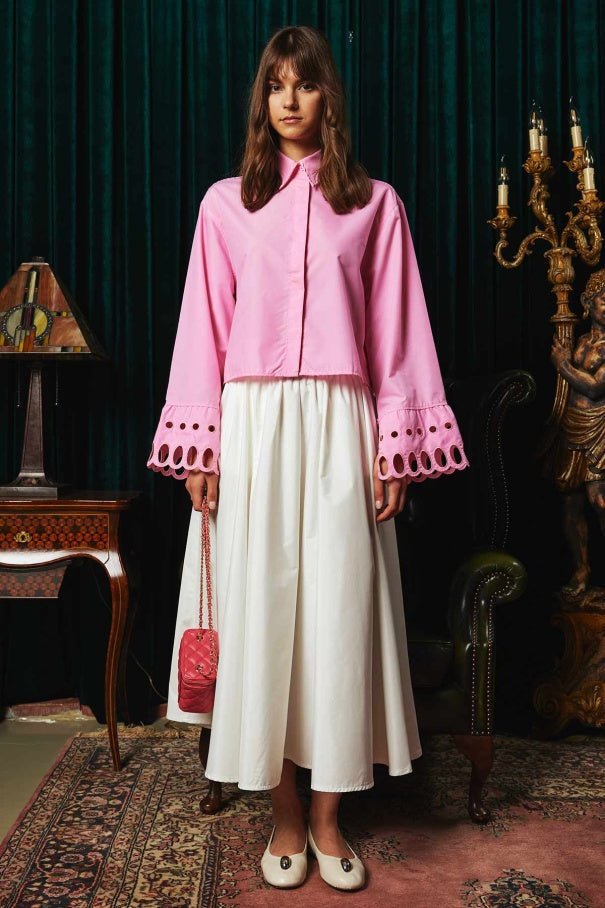2- قميص نسائي ذو اكمام مطرزة باللون الوردي - EMBROIDERED DETAILED SHIRT - PINK