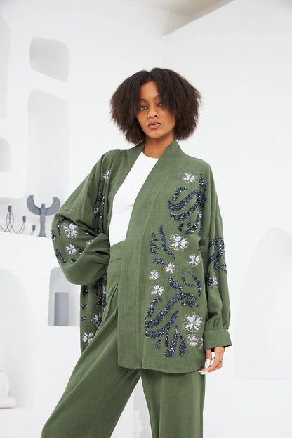 Embroidered Sequined Long Sleeve Kimono - Lebbse