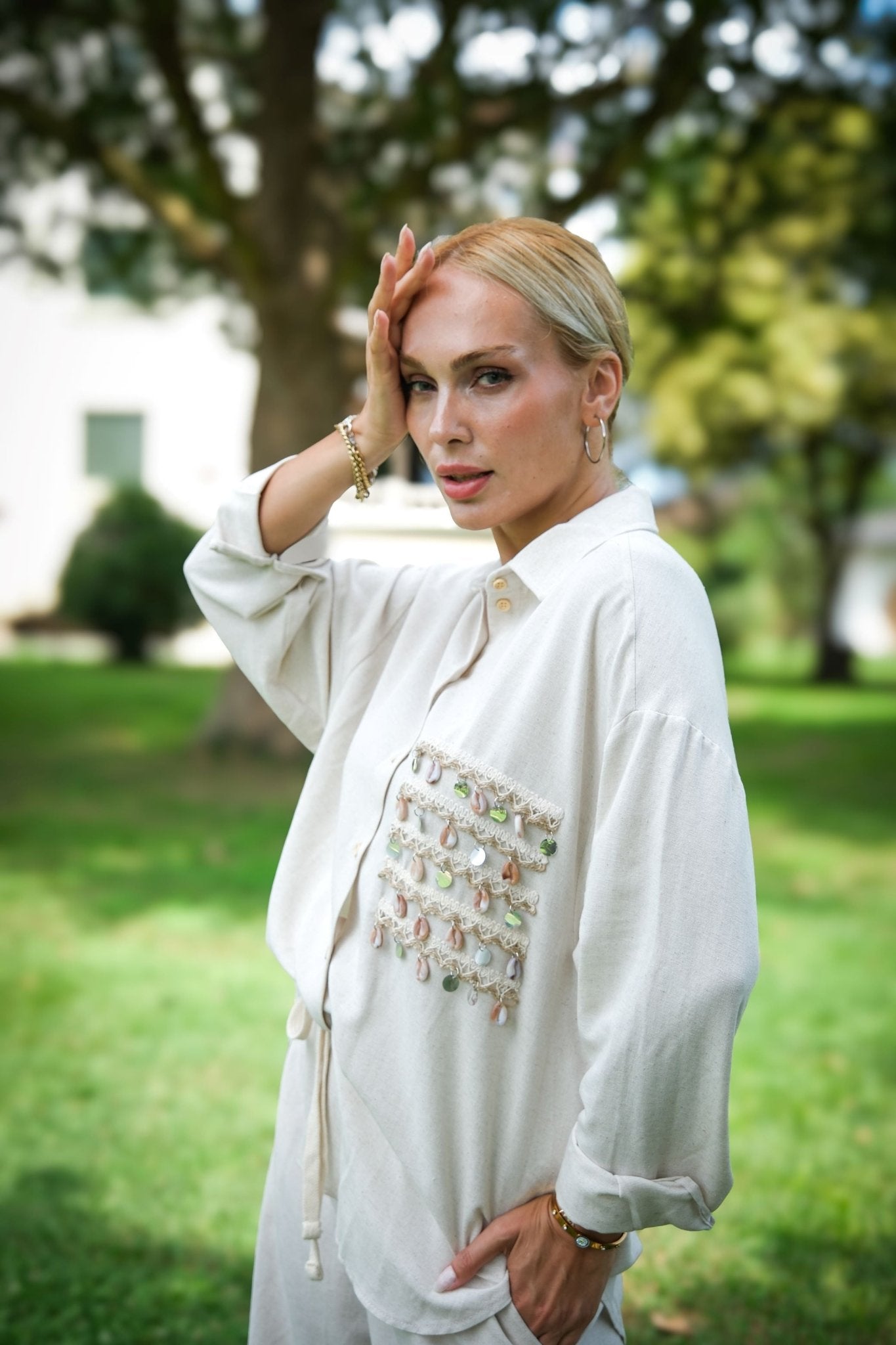 Embroidery and Stone Detailed Linen Suit Beige | CLOTHES | Set | Lebbse Embroidery and Stone Detailed Linen Suit Beige | CLOTHES | Set | Lebbse