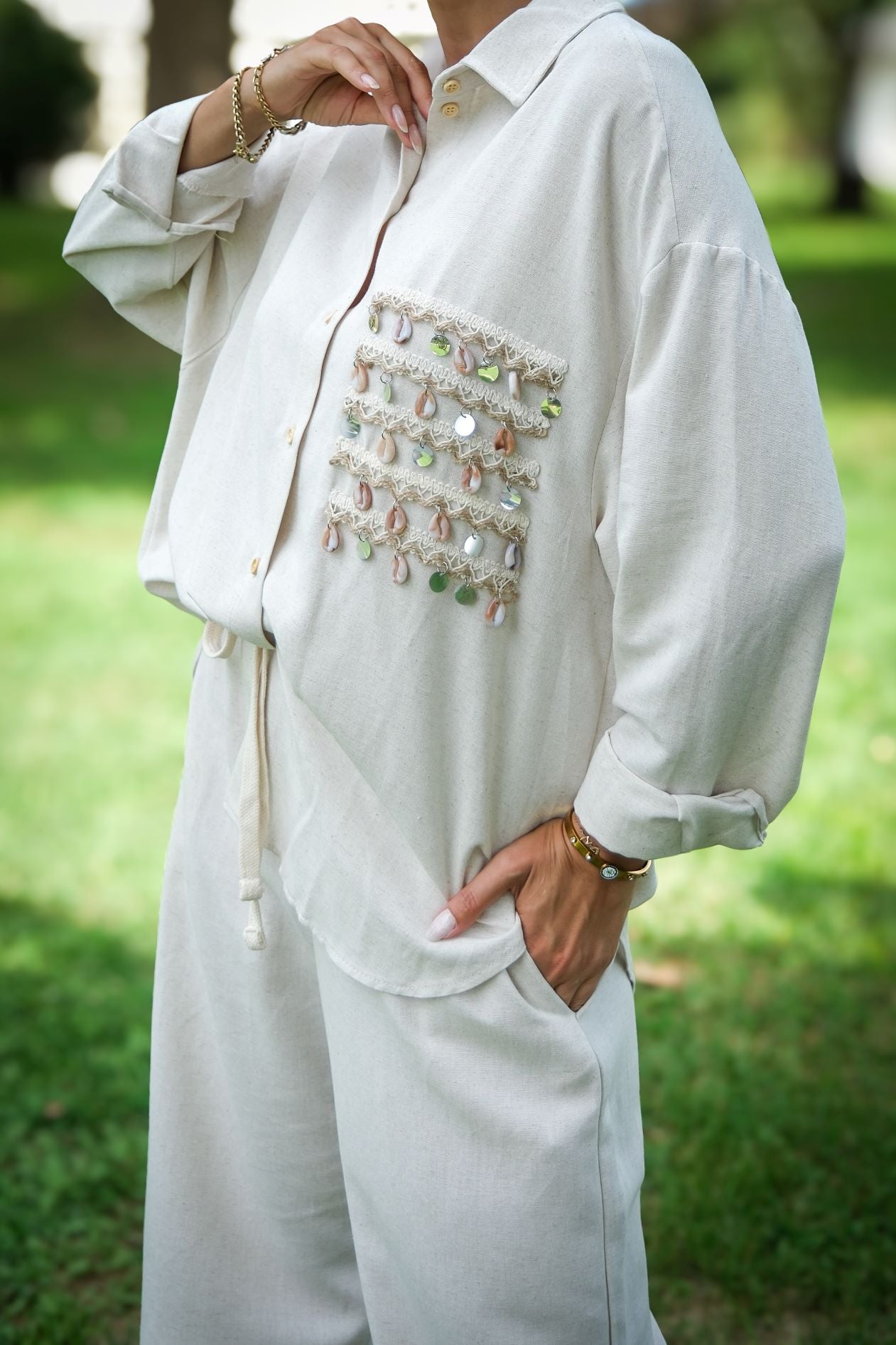 Embroidery and Stone Detailed Linen Suit Beige | CLOTHES | Set | Lebbse Embroidery and Stone Detailed Linen Suit Beige | CLOTHES | Set | Lebbse