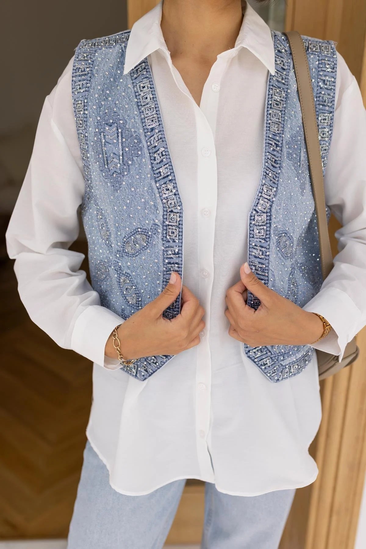 Embroidery Detailed Shirt Vest Set White Blue - Lebbse