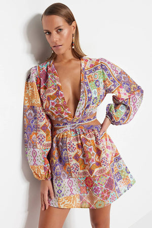 Ethnic Patterned Mini Woven Cut Out/Window Beach Dress - Lebbse