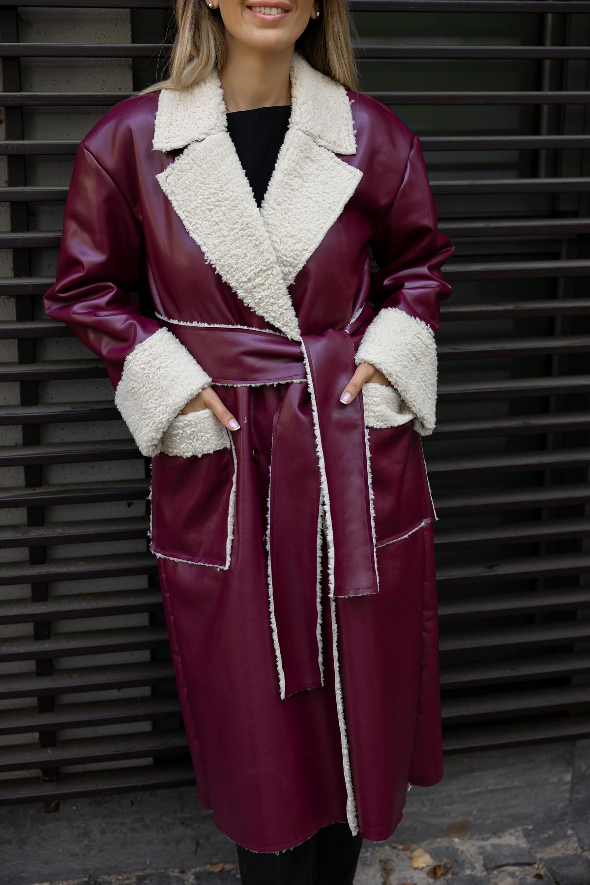 Faux Leather Long Coat - CLARET RED - Lebbse