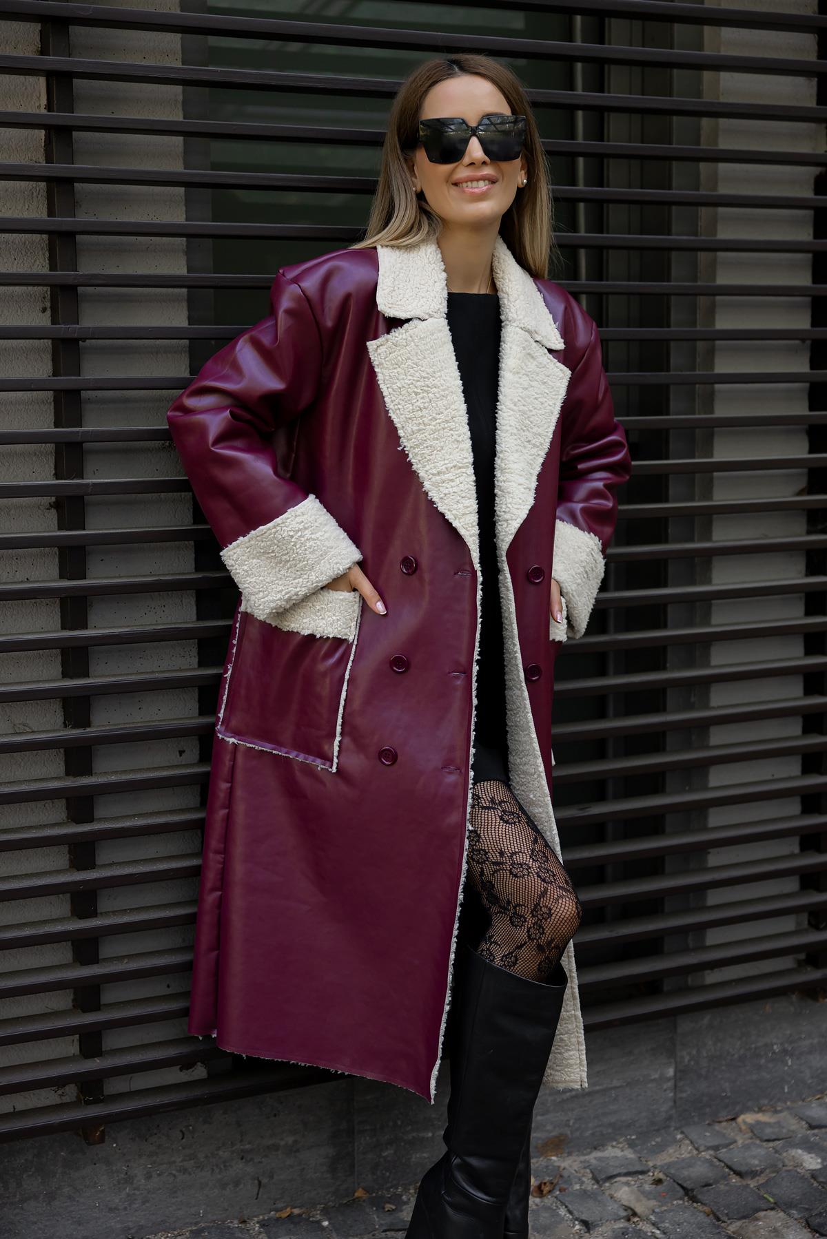 Faux Leather Long Coat - CLARET RED - Lebbse