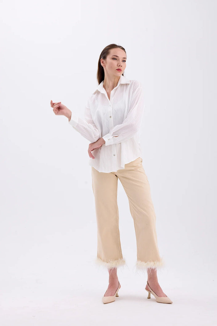بنطلون جينز نسائي مع ريش بيج فاتح - feathers Light Beige Jean Trousers