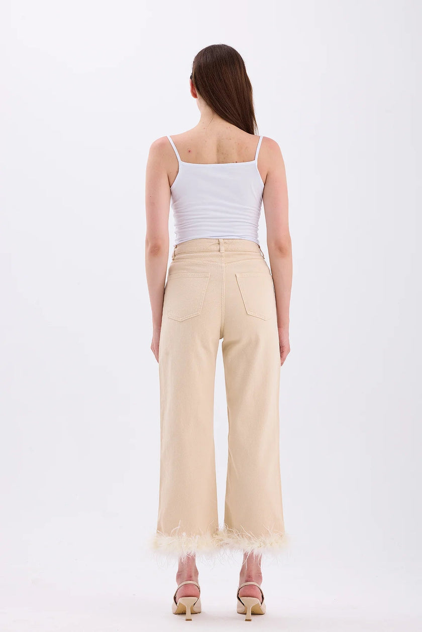 5- بنطلون جينز نسائي مع ريش بيج فاتح - feathers Light Beige Jean Trousers